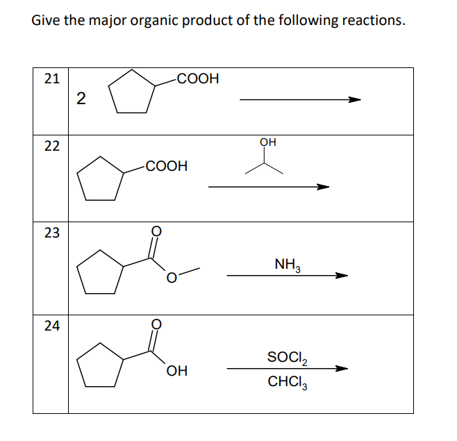 Give the major organic product of the following reactions. 21 22 23 24 2 -COOH -COOH OH OH NH3 SOCI,₂ CHCI3