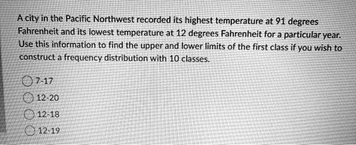 Acity in the Pacific Northwest recorded its highest temperature at 91 degrees Fahrenheit and its lowest temperature at 12 degrees Fahrenheit for a particular year