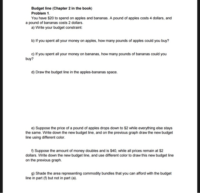 Budget Line (Chapter 2 In The Book) Problem 1. You Have $20 To Spend On Apples And Bananas. A Pound Of Apples Costs 4