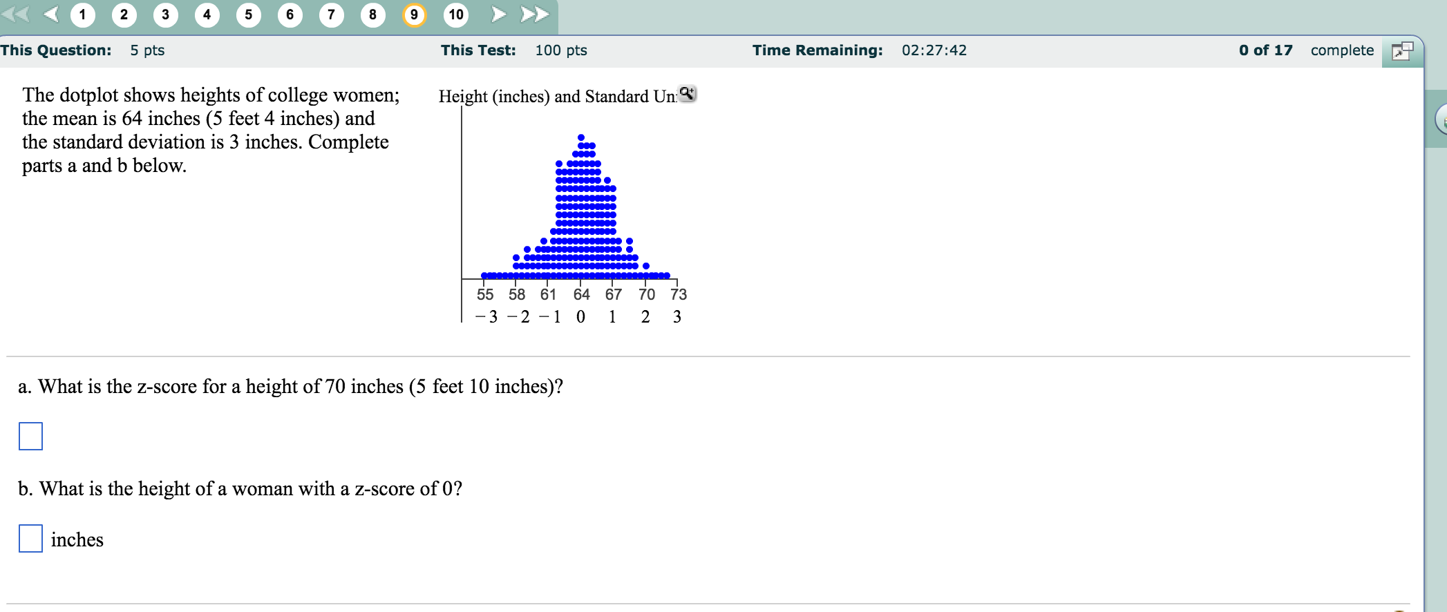 The Dotplot Shows Heights Of College Women; The Mean Is 64 Inches (5 Feet 4 Inches) And The Standard Deviation Is 3 Inches.