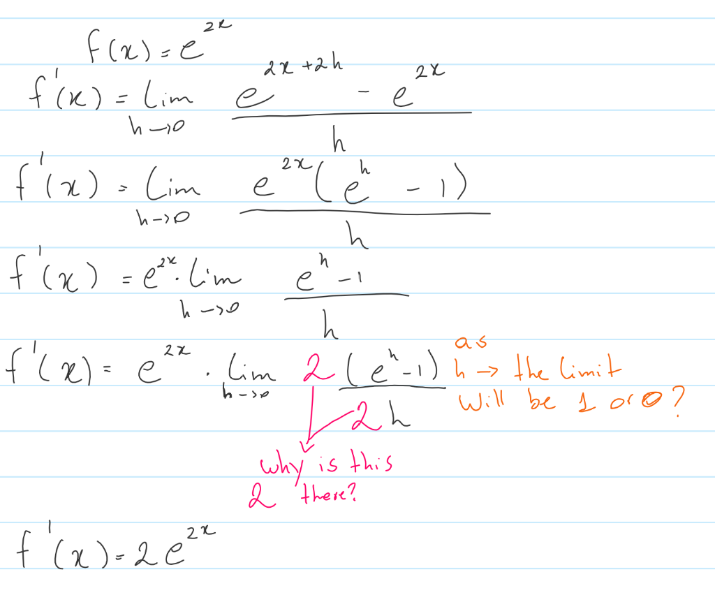 Find The Derivative Of E2x By The First Principle. I Want To Know To Things The First One Is, Why Is The Number 2 In Red Coming