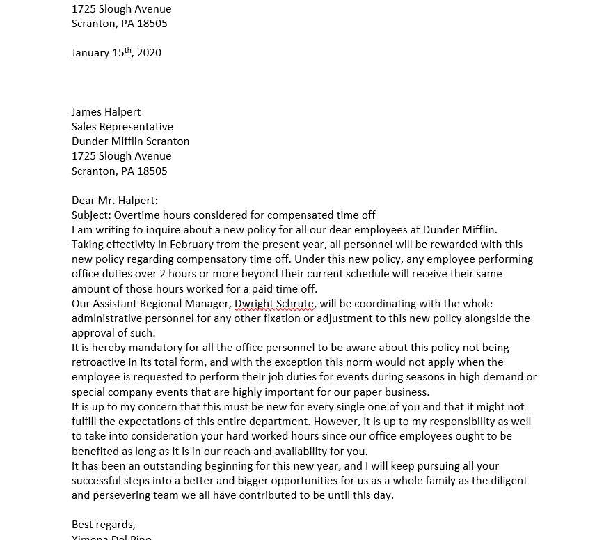 1725 Slough Avenue Scranton, PA 18505 January 15th, 2020 James Halpert Sales Representative Dunder Mifflin Scranton 1725